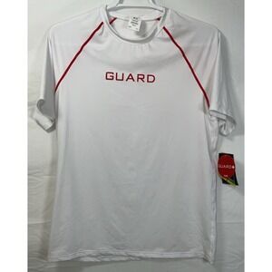 NWT Men's TYR Life Guard Short Sleeve‎ Rashguard Shirt - White & Red - Medium